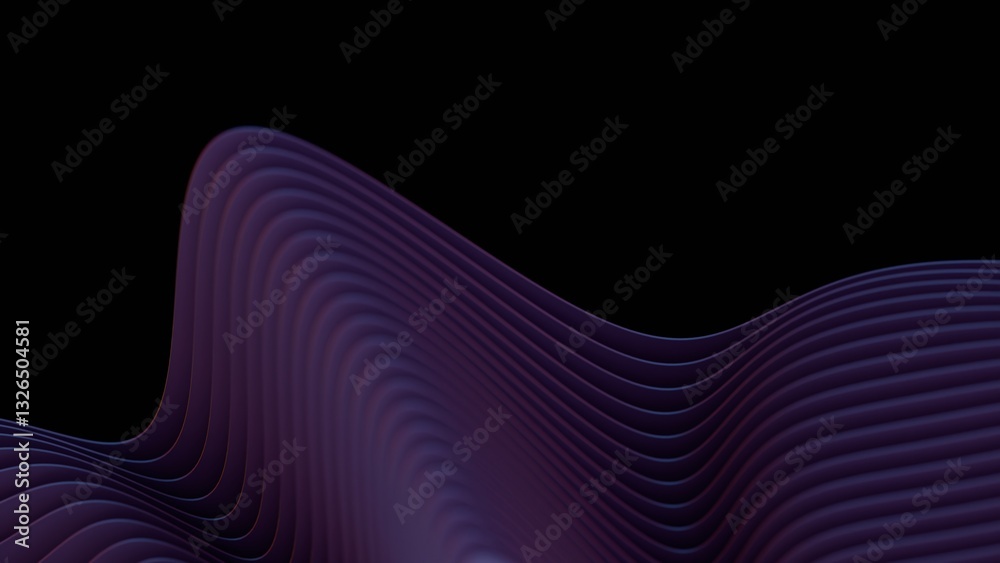 Poster Flowing purple wave lines forming layered curves against a black background, creating a modern and minimal abstract design with fluid motion........