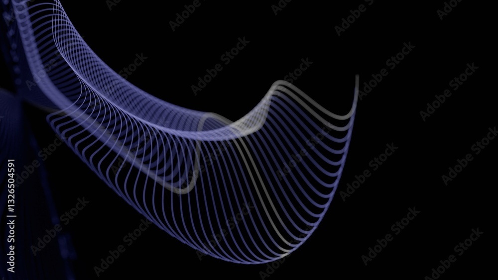 Poster Curved glowing lines forming a fluid wave pattern on a black background, creating a minimal and futuristic abstract design........