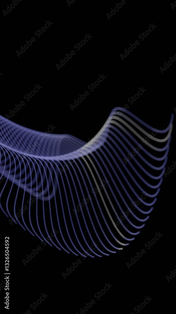 Poster Curved glowing lines forming a fluid wave pattern on a black background, creating a minimal and futuristic abstract design........