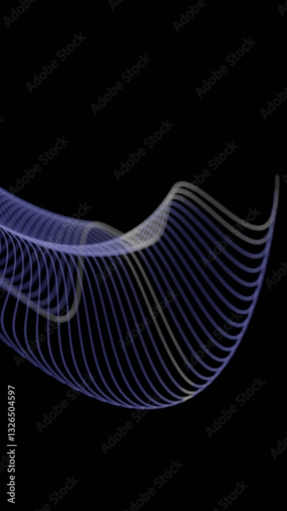 Poster Curved glowing lines forming a fluid wave pattern on a black background, creating a minimal and futuristic abstract design........