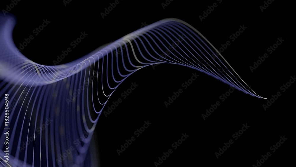 Poster Curved glowing lines forming a fluid wave pattern on a black background, creating a minimal and futuristic abstract design........