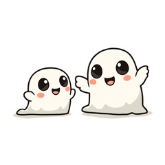 Obraz premium Cute cartoon ghosts smiling together on white background.