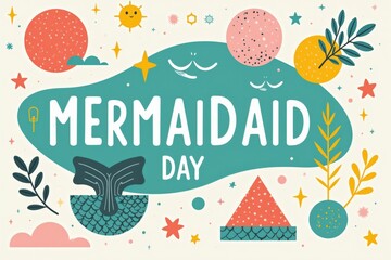 Naklejka premium A Vibrant Celebration of MermaidAid Day Featuring Playful Illustrations of Mermaids, Stars, Sea Life, and Colorful Shapes to Signify Fun and Imagination