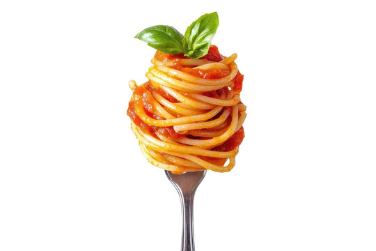 A single fork holding a twirled portion of spaghetti with tomato sauce and basil on a white background