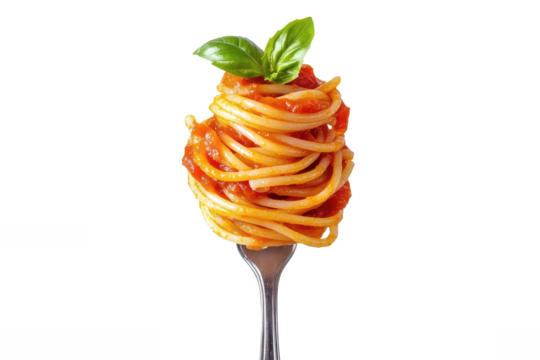 A single fork holding a twirled portion of spaghetti with tomato sauce and basil on a white background - Powered by Adobe