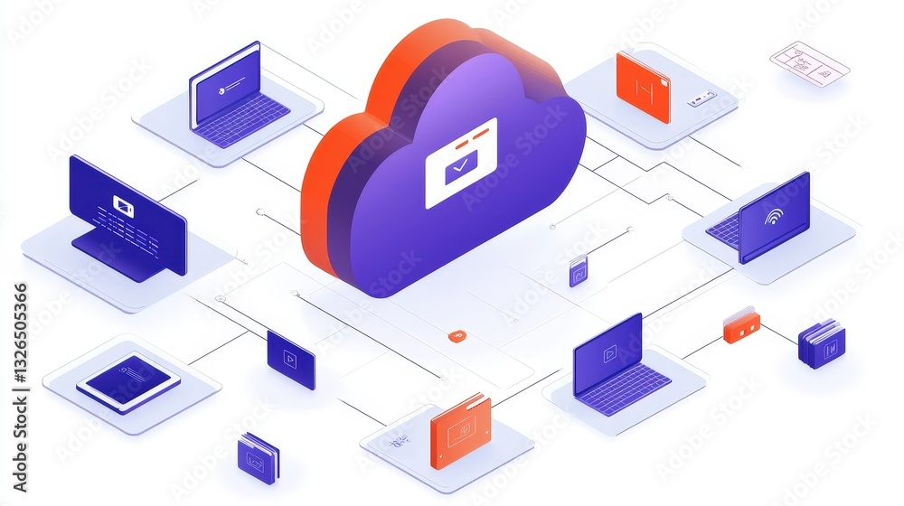 Poster a colorful cloud computing illustration with laptops connected, representing data storage and connec