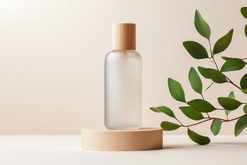 A bottle of clear liquid is on a pedestal next to a leafy green plant