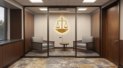 High end law firm entrance with an elegant glass door and a golden justice emblem