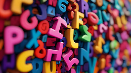 Fototapeta premium Colorful plastic letters arranged in vibrant pattern, showcasing various shapes and sizes. This playful composition evokes creativity and fun, perfect for educational themes
