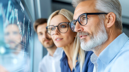Diverse team analyzing data on screen with focused expressions in modern office