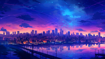 Fototapeta premium Futuristic cityscape at dusk with colorful neon sky and reflections