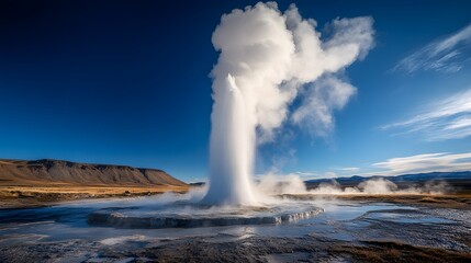 Fototapeta premium Powerful geothermal geyser erupts against a blue sky, its steaming plume and rainbow prisms highlighting Iceland-inspired volcanic terrain and mineral-rich natural beauty.