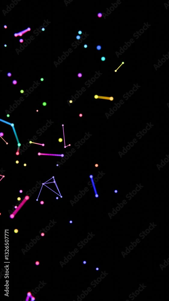 Aufkleber Neon-colored dots, lines, and shapes floating across a black background, forming a vibrant, futuristic scene with hints of cosmic geometry and minimalistic design.