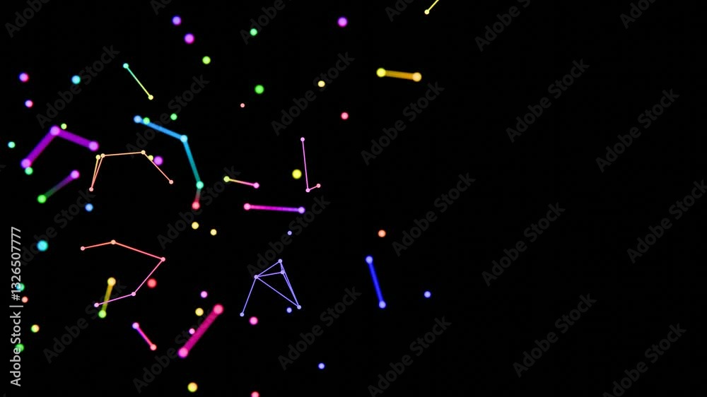 Poster neon-colored dots, lines, and shapes floating across a black background, forming a vibrant, futurist
