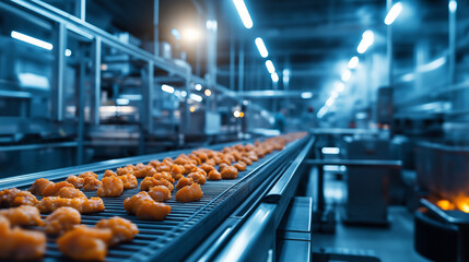 A temperature-controlled environment where fresh raw chicken pieces travel along a smooth conveyor belt, with safety protocols strictly enforced.