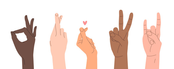 Human hands. Vector illustrations in flat style of different gestures - okay, luck, heart, peace and rock. Cartoon hand-drawn design elements isolated on white background. Hands in various positions