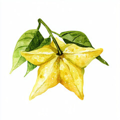 Fototapeta premium Watercolor hand-painted Starfruit branch with green leaf on a white background, flat watercolor painting, simple design, AI painting design, AI design set 