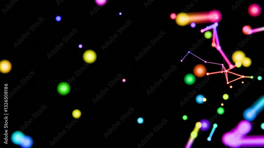 Aufkleber Neon-colored dots, lines, and shapes floating across a black background, forming a vibrant, futuristic scene with hints of cosmic geometry and minimalistic design.