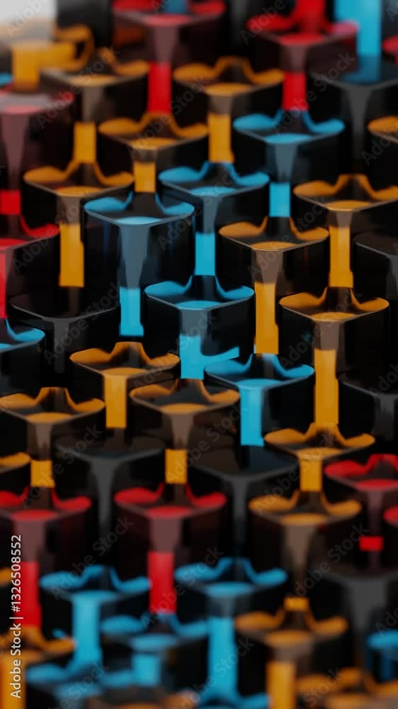 Leinwandbilder colorful 3d columns in black, red, blue, and yellow, arranged in a glossy, repeating pattern, creati