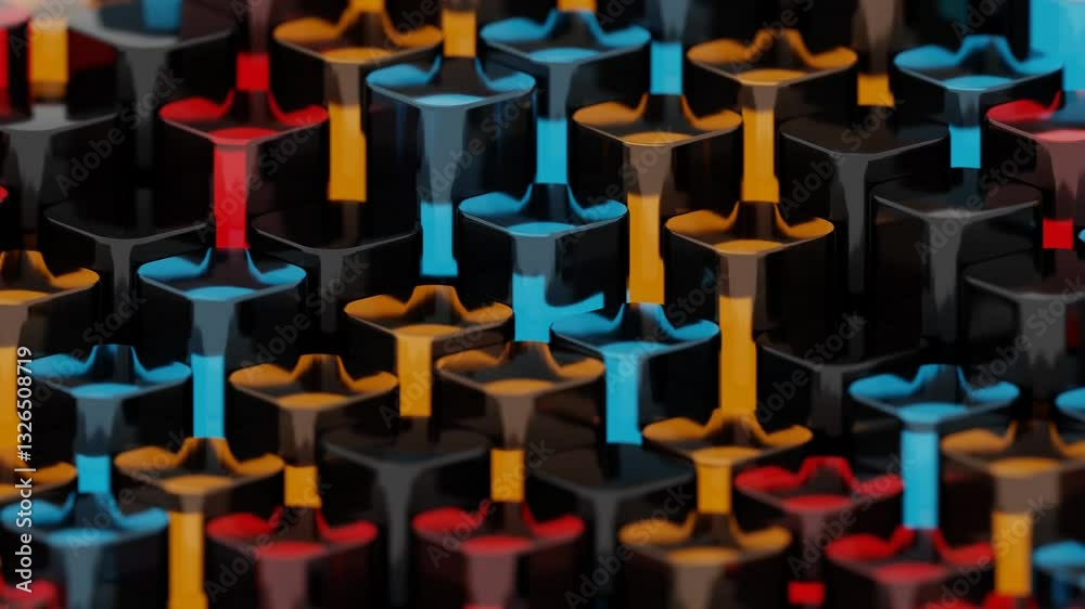 Poster colorful 3d columns in black, red, blue, and yellow, arranged in a glossy, repeating pattern, creati