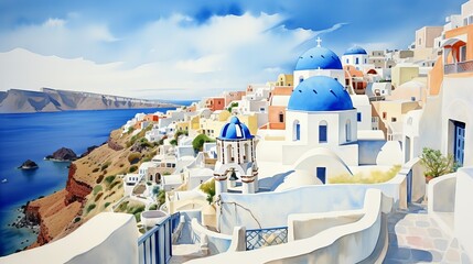 Traditional Greek Village Scene with Buildings and Clean Lines in Watercolor