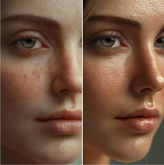 a close-up of a woman’s face, left side showing bad fine lines and wrinkles that are making her skin saggy,her skin is melting dull tone,right side showing smooth, radiant, youthful skin natural glow