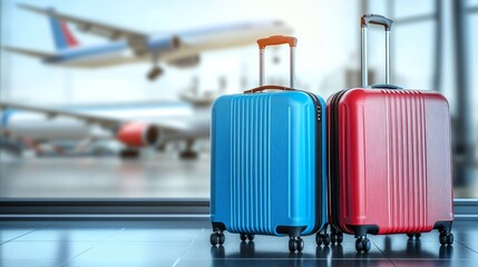 Two Travel Suitcases Standing in Front of a Large Airport Window with Blurred Airplanes Taking Off and Landing in the Background. Concept of Travel, Tourism, and Air Transportation.