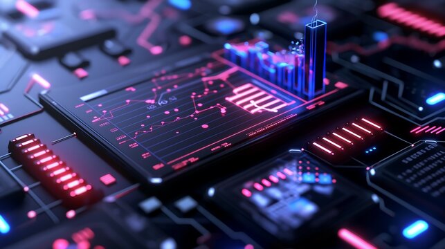 A high-tech digital infographic featuring animated business growth charts, a futuristic 3D rendering of global market trends with glowing bar graphs and analytics