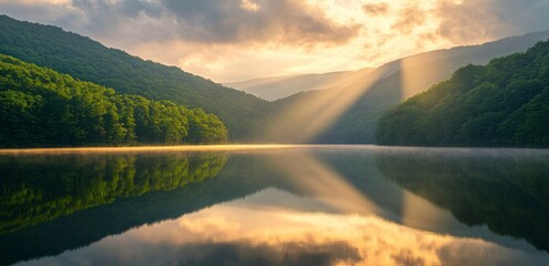 Lake Reflection at Sunrise with Sun Rays and Forest Scenery