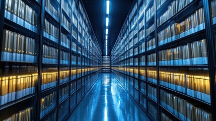 A futuristic archive with illuminated shelves, displaying neatly organized files and reflecting light off a polished floor.