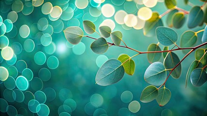 Eucalyptus branch, teal aesthetic. Bokeh effect enhances this stunning nature stock photo.