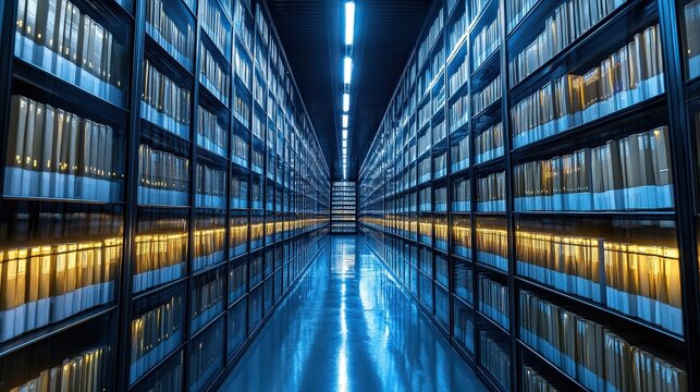 A futuristic archive with illuminated shelves, displaying neatly organized files and reflecting light off a polished floor.