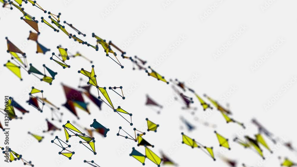 Poster Floating polygonal structures in yellow and black lines on a white background, forming a dynamic network of connected shapes with a minimalistic, modern aesthetic.