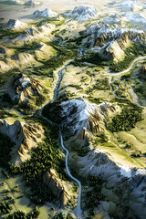 Detailed Topographical Landscape Showcasing Mountain Ranges, Valleys, and River System Erosion Patterns