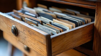 Naklejka premium A wooden drawer filled with various cards, showcasing an organized yet eclectic collection.
