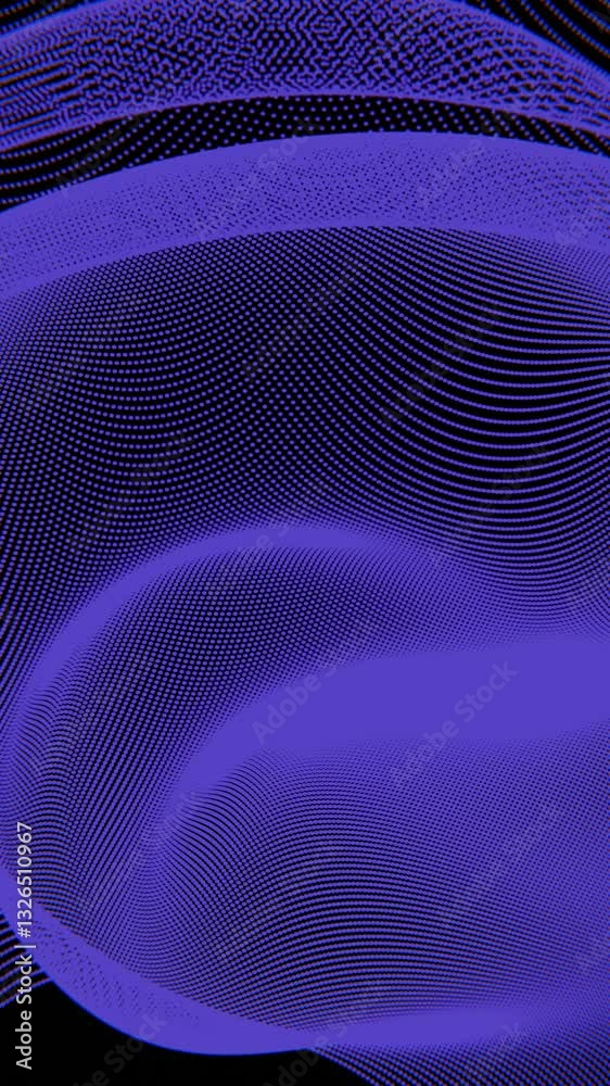 Poster Wavy dot pattern in deep blue tones on a dark background, creating an abstract, futuristic design with a sense of depth, movement, and optical illusion.
