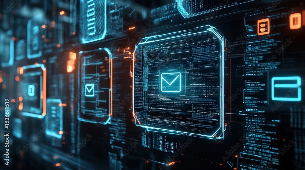 Poster a futuristic digital interface displaying email icons and data, emphasizing technology and communica