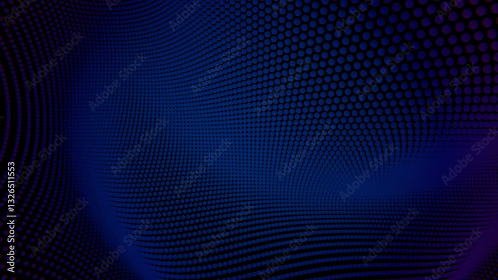 Fototapete Wavy dot pattern in deep blue tones on a dark background, creating an abstract, futuristic design with a sense of depth, movement, and optical illusion.