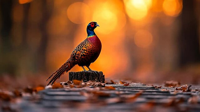 Vibrant pheasant perched on a stump at sunset