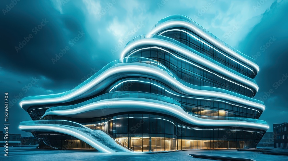 Poster futuristic architectural design with led lighting and unique shape