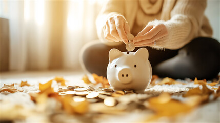 Person collecting coins into piggy bank with autumn leaves on table. Perfect visualization of retirement savings, financial planning and investment for future security with space for text.
