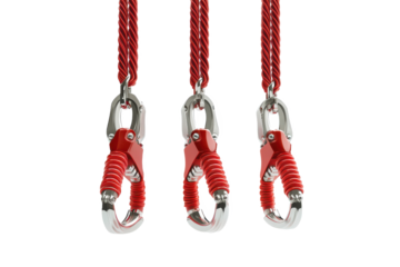 Three red and silver pendants hanging from red cords against a plain white background studio shot view