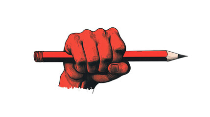 Minimalist graphic illustration of red hand hold pencil concept of world press freedom day isolated on white background