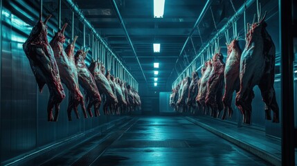 A row of raw beef carcasses hanging from metal hooks in a cold storage facility, bright industrial lighting, stainless steel walls