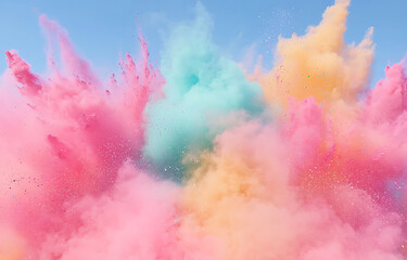Fototapeta premium Colorful powder explosion during festival celebration outdoor event vibrant smoke bright day joyful atmosphere