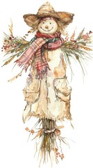 Fototapeta premium Watercolor illustration of a friendly smiling scarecrow in boho attire capturing the essence of autumn handpainted