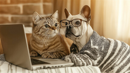 Fototapeta na wymiar Cat and dog with laptop together on cozy bed. Tabby cat and French bulldog in comfortable indoor setting with computer, creating humorous pet technology concept with domestic animals.
