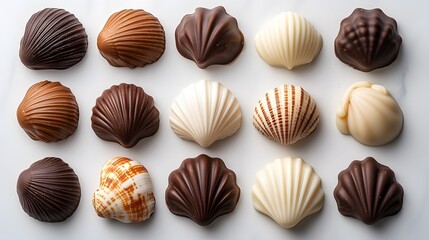 Seashell-shaped chocolates, featuring starfish and clam designs in dark and white marbled textures, are arranged neatly on a white background in a clean, gourmet display.