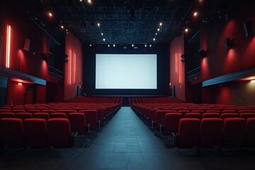Obraz premium A spacious modern cinema auditorium features red seating and a screen