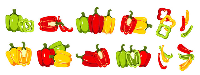 Collection of bell peppers. Sweet, yellow, green, red pepper, paprika. Whole pepper, slices, wedges. Vector illustration on a white background.